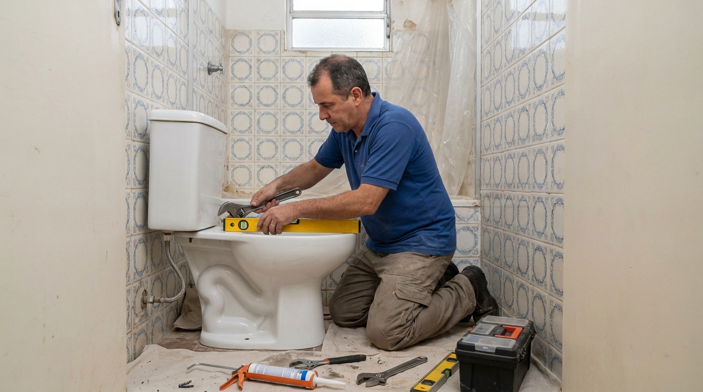 Técnico instalando vaso sanitário em Joinville‑SC